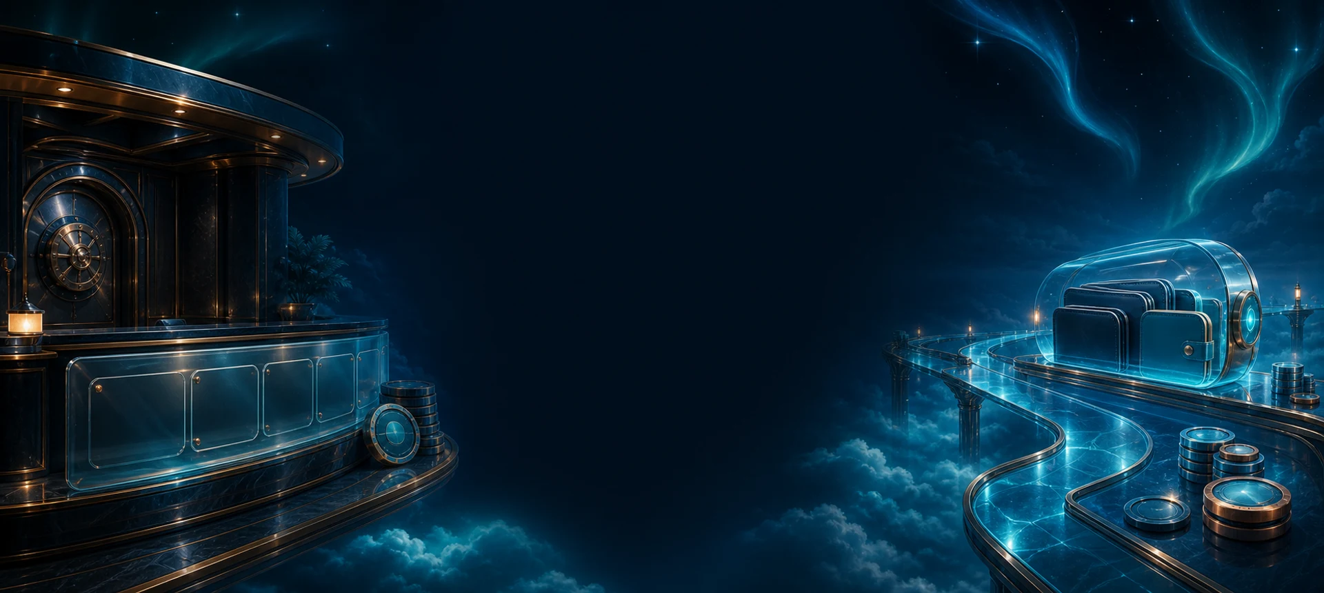 Dreamlike navy casino cashier with secure wallet and glowing payment lanes